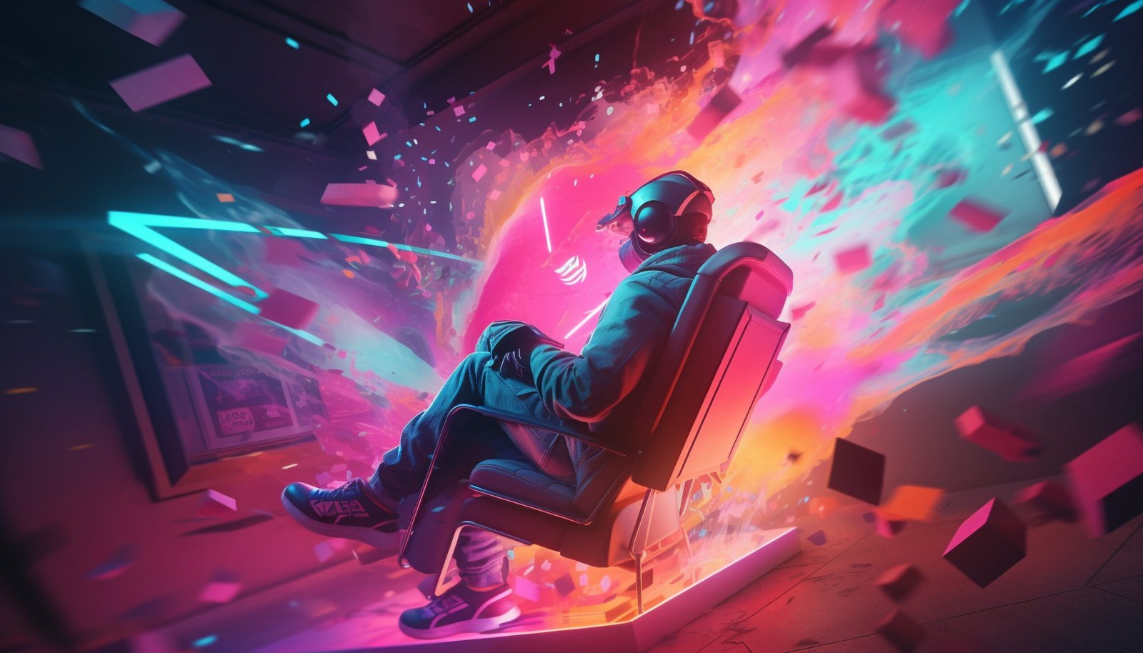 AR/VR game developer in neon-lit workspace