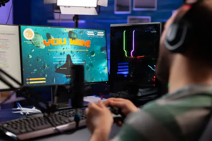 Cross-Platform Game Development Excited streamer winning an online space shooter competition, using a joystick and gaming setup.