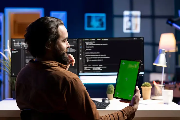 Unity Game Development Agency in Canada IT expert working on tablet to prevent malware attacks in a digital environment.