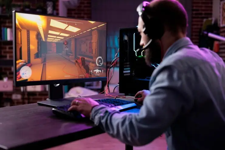 Unity Game Development Agency in Canada Gamer enjoying an action-packed tournament with neon lighting.