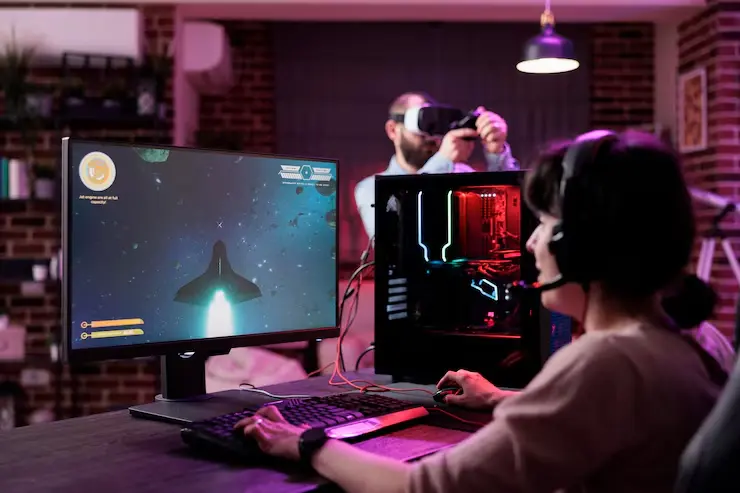 Cross-Platform Game Development Professional gamer live streaming an RPG tournament while playing an online action game.