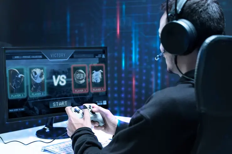 Cross-Platform Game Development Professional eSports player competing in a game tournament with intense focus.
